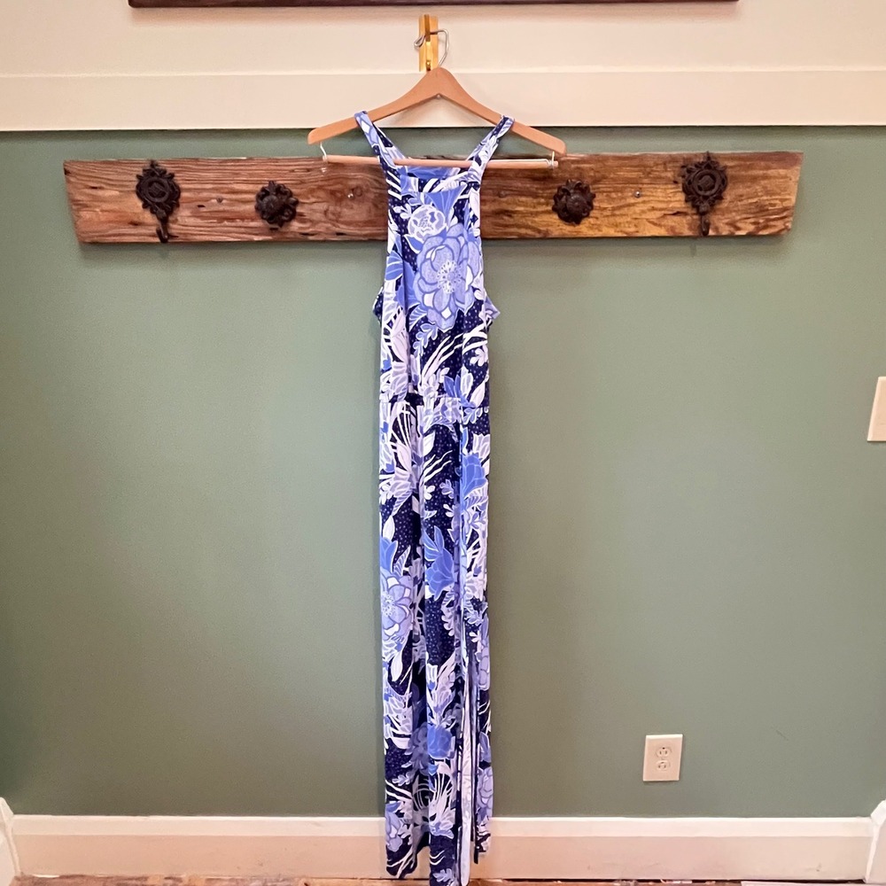 Soma Womens Blue Floral Halter Maxi Dress Elastic Waist Racerback Size Large
